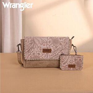 Wrangler Vintage Floral Printed Crossbody Bag with Small Pouch- Khaki